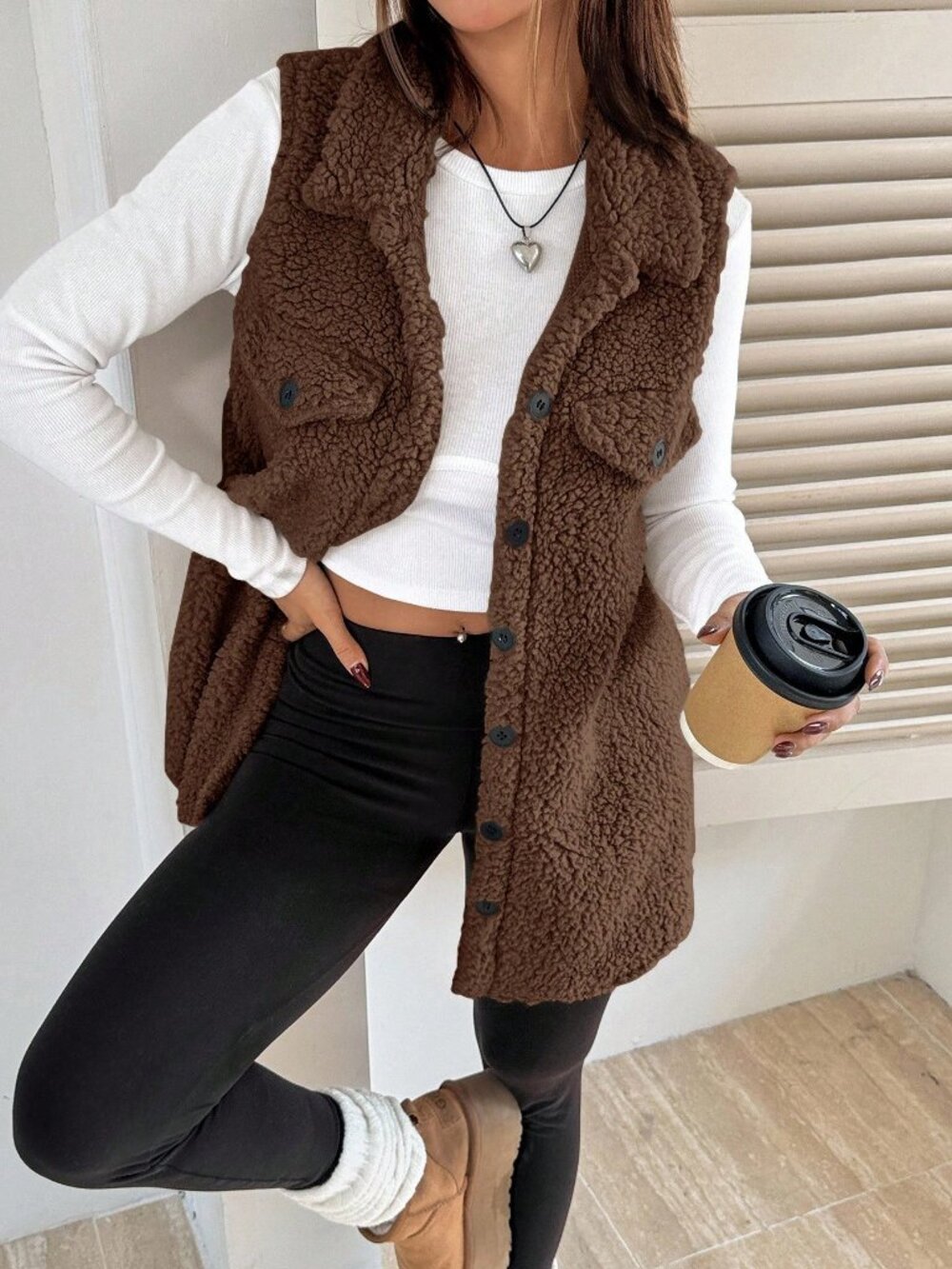 Brown Casual Women's Loose Fit Fake Pocket Collared Teddy vest Coat
